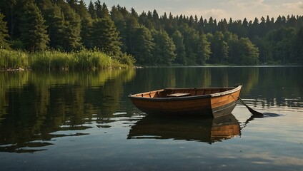 Obraz premium Quiet lake scene with a wooden rowboat.