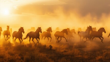 Naklejka premium Wild Horses Galloping at Dawn - Majestic Herd in Sunrise Light Amidst Rising Dust, Perfect for Nature Posters