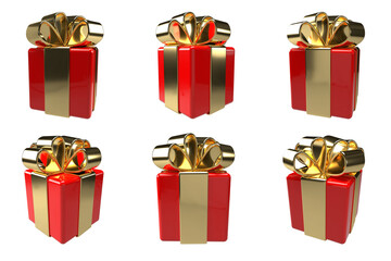 3d realistic red gift box with golden bow icon set. Christmas holiday plastic wrap boxes with ribbon isolated illustration for festive decoration.