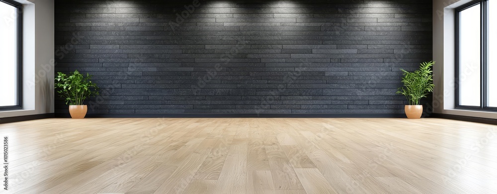 Wall mural empty room with dark stone-textured walls and sleek wooden flooring, blending natural materials with