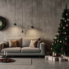 Obraz premium Festive living room interior with grey sofa, coffee table and Christmas tree