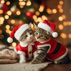 Group of cats wearing red santa costume sitting celebration on bed in the room for christmas theme concept