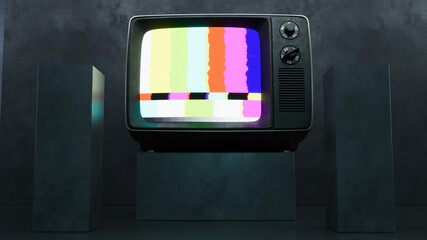 Vintage television displaying colorful static in a dimly lit room with modern gray walls and...