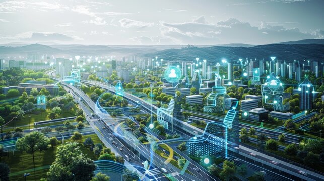 Fototapeta Blueprint of a futuristic smart city with interconnected buildings and sustainable energy systems