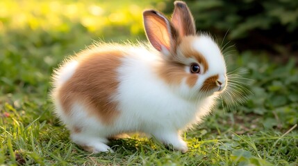 An elegant composition of a playful baby rabbit in a sunlit meadow, its soft fur highlighted by the golden rays, while vibrant green grass creates a beautiful backdrop. Product photography with high