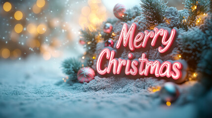 A festive holiday greeting with a neon sign that says "Merry Christmas" in a snowy winter wonderland.