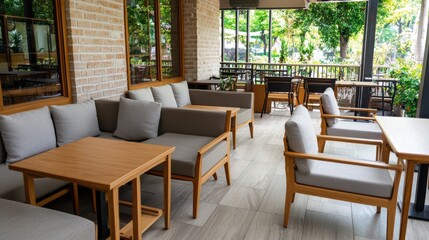 Fototapeta premium Modern café with minimalist design, stylish furniture