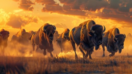 Powerful Herd of Bison Stampeding Across Grassy Plain at Dusk with Stunning Sunset Background