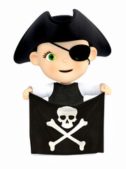 Cute toddler boy dressed as pirate holding flag.