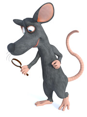 3D rendering of a smiling cartoon mouse holding magnifying glass.