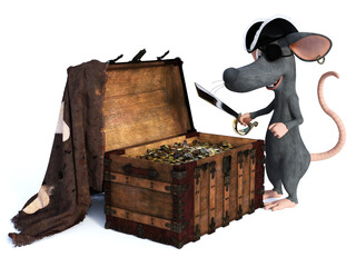 3D rendering of a cartoon mouse pirate with treasure.