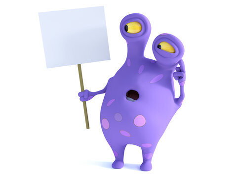 A spotted monster holding sign, looking confused.