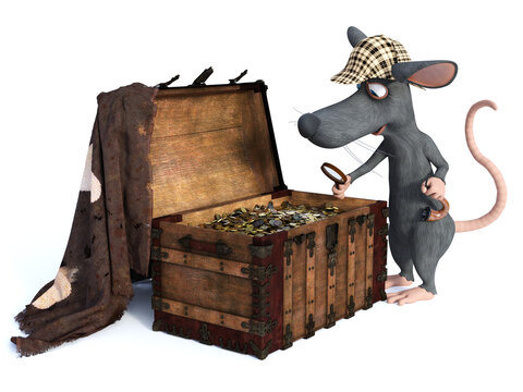 3D rendering of a cartoon detective mouse with treasure chest.