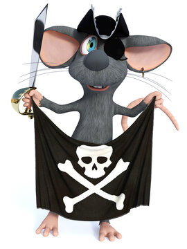 3D rendering of a cartoon mouse pirate holding sword and flag.