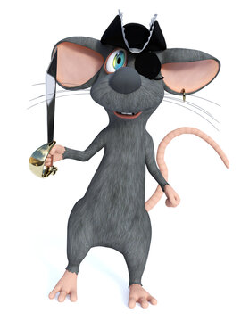 3D rendering of a cartoon mouse pirate holding sword.