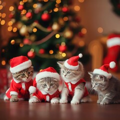 Group of cats wearing red santa costume sitting celebration on bed in the room for christmas theme concept