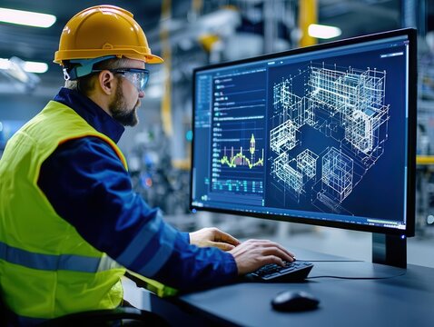 Project manager adjusting a 3D building model on a computer for construction planning, 3D modeling for construction, Digital planning tools
