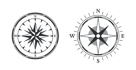 Vintage Compass Designs Depicting Cardinal Directions North, South, East, And West. Illustration Symbolizes Navigation