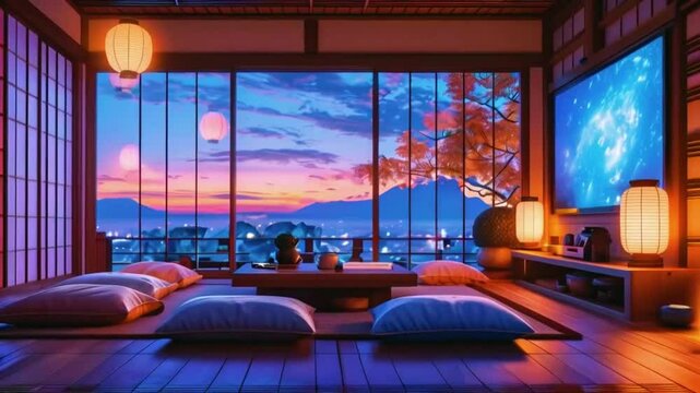 Animated virtual backgrounds, cozy lo-fi warm Japanese living room with tatami mats and low furniture vtuber asset twitch overlay zoom OBS, anime chill hip hop. Cyan purple colours manga style