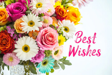 Bouquet of colorful flowers with text best wishes on festive background