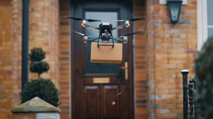 Drone delivery service dropping off a package at a doorstep