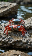 Red and blue crabs on a rock beside a bubbling water body.