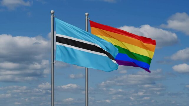 LGBT movement flag also Gay Pride and Botswana two flags waving cycle looped video, tolerance conception in country