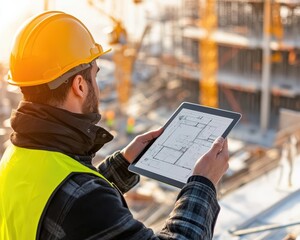 Project manager reviewing construction plans on-site with a tablet, cranes in the background, Construction project review, Site management