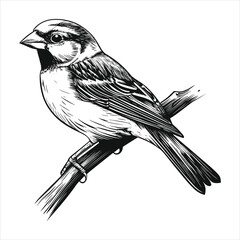 Highly Detailed Black and White Bird Perched on Branch in Realistic Line Art for Nature and Wildlife Design