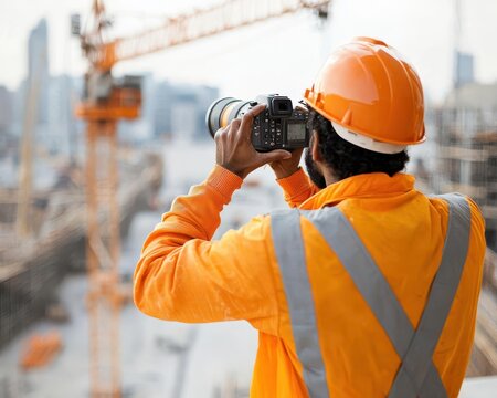 Project manager monitoring construction site with time-lapse camera equipment, Time-lapse construction monitoring, Project progress tracking