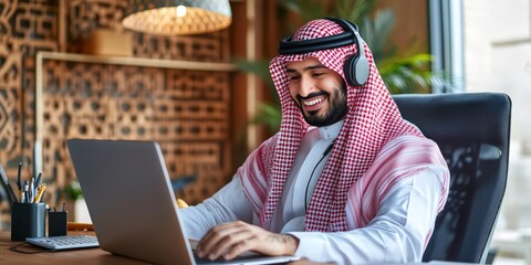 Smiling Middle-Eastern man in headphones working on a laptop in a modern office.