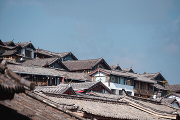 The eaves of retro-style houses in the ancient city of Lijiang, Yunnan Province, China.