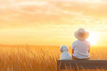 Fototapeta premium A child and their dog enjoying a sunset together on a bench in a golden field