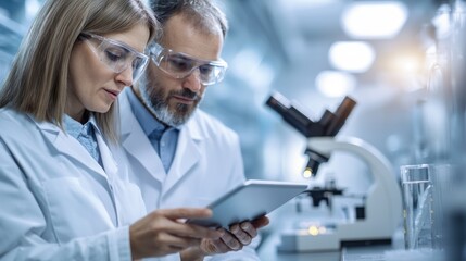 Scientists analyzing data on a tablet in a modern laboratory, focused and engaged in research.