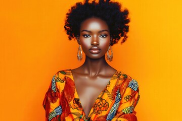 Confident Beauty in Vibrant Hues: A captivating portrait of a black woman with afro hair, adorned in a colorful patterned blouse, radiating confidence and beauty against a bold orange background.