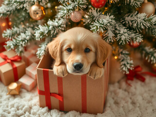 Cute golden retriever puppy in a gift box with a Christmas tree code