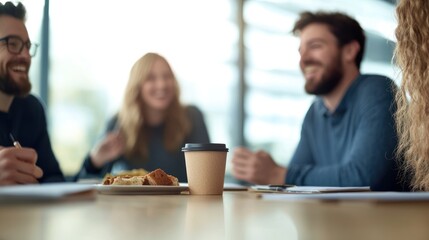 Team members enjoying a casual meeting with coffee and snacks in a modern workspace.
