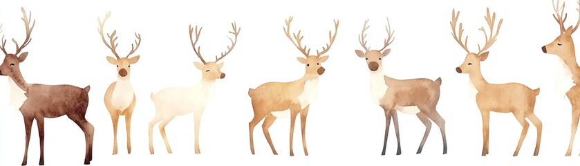 Obraz premium Watercolor illustration of six deer with antlers in a line, showcasing woodland wildlife in earthy tones on a white background.