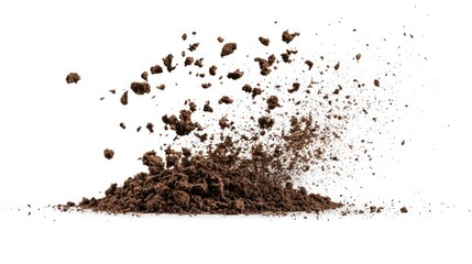 A flying pile of dirt, scattering in the air, isolated against a white background