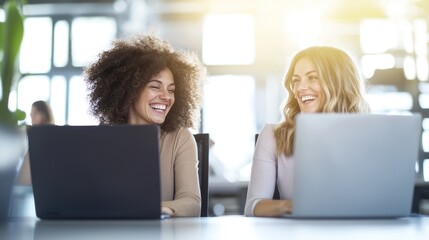 Two women enjoying a collaborative work session while smiling at each other in a bright office environment.