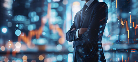 Confident Businessman in Suit and Tie at Night in Urban City Landscape
