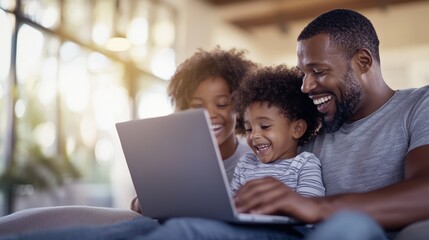 A father and two children enjoying time together while using a laptop, smiling and sharing a joyful moment.
