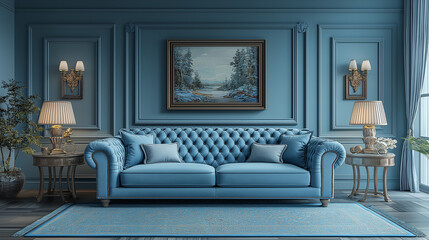 Fototapeta premium Serene Blue Living Room: A luxurious living room with a tufted blue sofa, two matching armchairs, and a framed artwork depicting a wintry landscape. The room is bathed in warm, natural light.