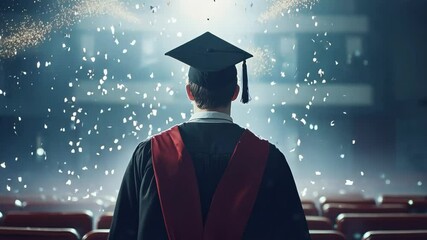 A standing backward student in a gown and biretta at a graduation ceremony with confetti falling
