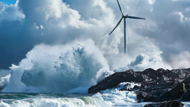 Huge waves crashing on the rocky shore of land with a white turbine windmill in the background, energy from wind, renewable energy source and green planet
