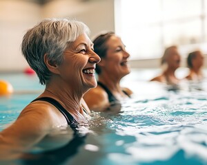 Joyful senior women enjoying an aquatics class, smiling in the pool water.