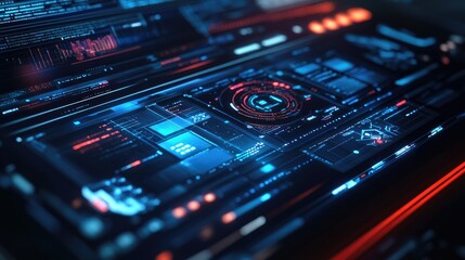 Obraz premium A futuristic digital interface on a modern laptop screen, with bright holographic graphics and smart technology concepts