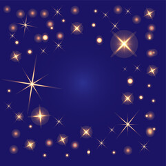 stars gold, light shine, sparkle effect geow shine lens texture and dark blue background, bokeh glow shimmer bright starlight decoration