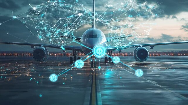 White passenger plane at the airport with a blue hologram in motion close up
