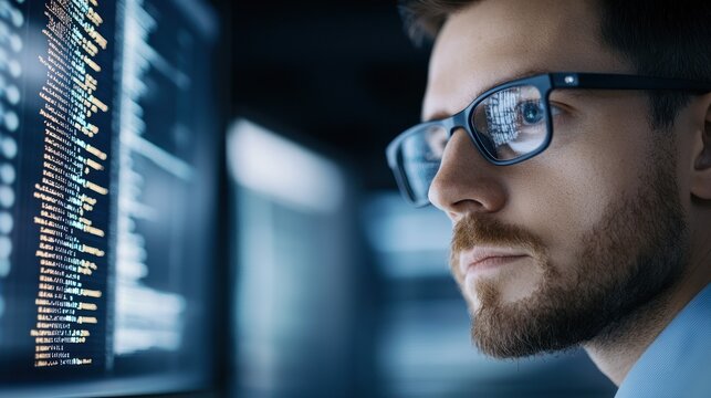 Close-up of a focused man in eyeglasses analyzing computer code on screen.